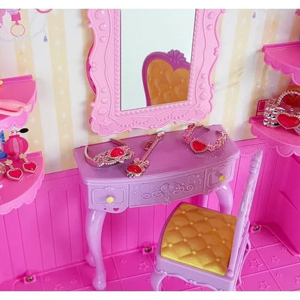 Persirengimo kambarys su šviesa ir veidrodžiu. 26 cm lėlė. Drabužių rinkinys. Priedai