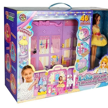 Persirengimo kambarys su šviesa ir veidrodžiu. 26 cm lėlė. Drabužių rinkinys. Priedai