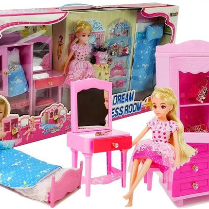 Lėlė + baldų komplektas Lova Spinta Kosmetinis staliukas