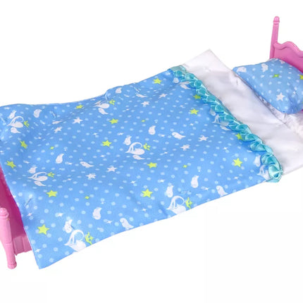 Lėlė + baldų komplektas Lova Spinta Kosmetinis staliukas