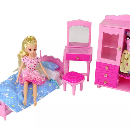 Lėlė + baldų komplektas Lova Spinta Kosmetinis staliukas