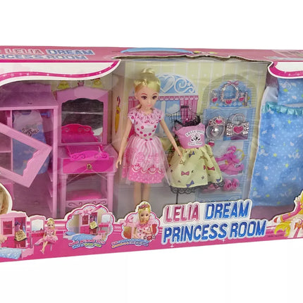 Lėlė + baldų komplektas Lova Spinta Kosmetinis staliukas