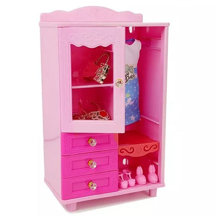 Lėlė + baldų komplektas Lova Spinta Kosmetinis staliukas