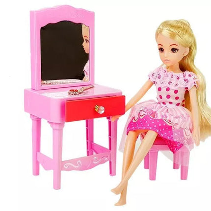 Lėlė + baldų komplektas Lova Spinta Kosmetinis staliukas