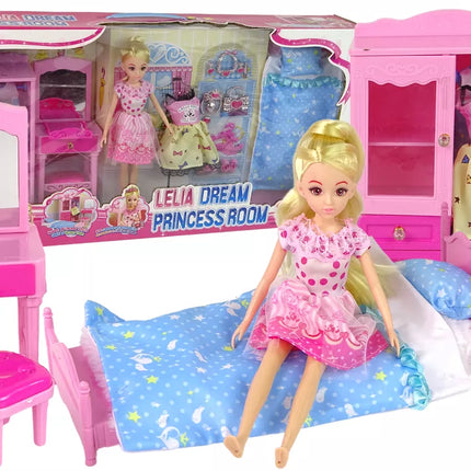 Lėlė + baldų komplektas Lova Spinta Kosmetinis staliukas