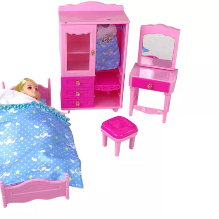 Lėlė + baldų komplektas Lova Spinta Kosmetinis staliukas