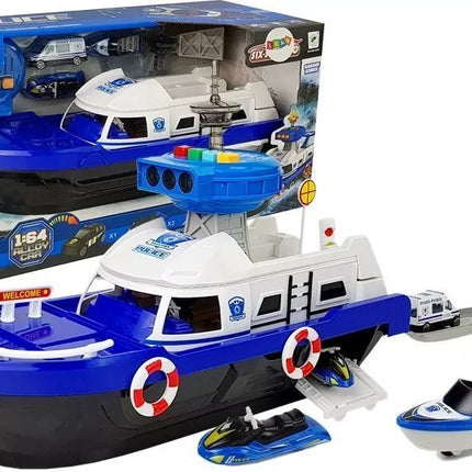 Policijos transporto laivas su automobiliais, garsais ir šviesomis