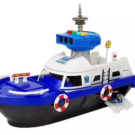 Policijos transporto laivas su automobiliais, garsais ir šviesomis