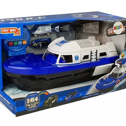 Policijos transporto laivas su automobiliais, garsais ir šviesomis