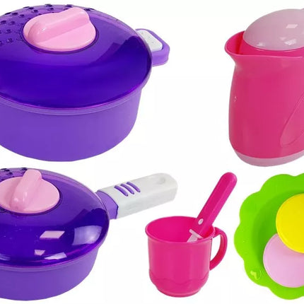 Rožinė virtuvėlė su vandens indais, maisto produktais ir garsais