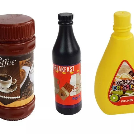 Rožinė virtuvėlė su vandens indais, maisto produktais ir garsais