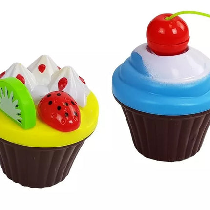 Rožinė virtuvėlė su vandens indais, maisto produktais ir garsais