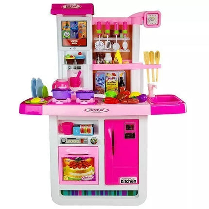 Rožinė virtuvėlė su vandens indais, maisto produktais ir garsais