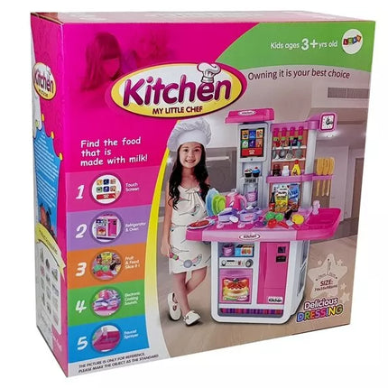 Rožinė virtuvėlė su vandens indais, maisto produktais ir garsais