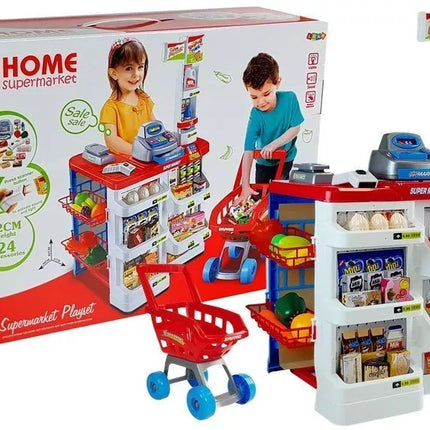 Žaislų turgelis su vežimėliu, kasos aparatu, skaitytuvu ir bakalėjos prekių krepšeliu