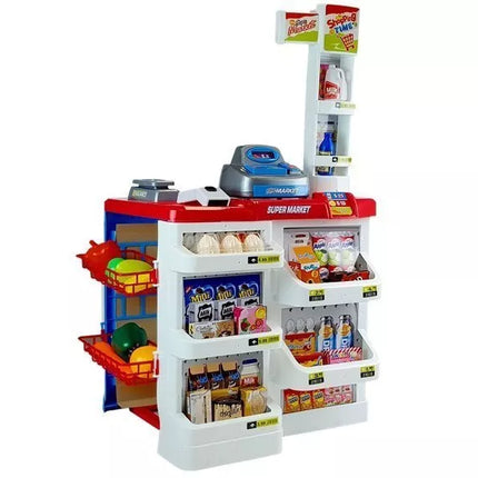 Žaislų turgelis su vežimėliu, kasos aparatu, skaitytuvu ir bakalėjos prekių krepšeliu
