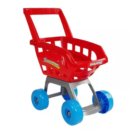 Žaislų turgelis su vežimėliu, kasos aparatu, skaitytuvu ir bakalėjos prekių krepšeliu