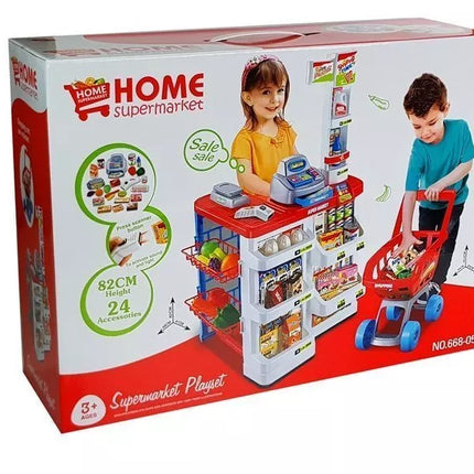 Žaislų turgelis su vežimėliu, kasos aparatu, skaitytuvu ir bakalėjos prekių krepšeliu