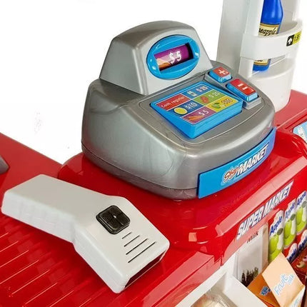 Žaislų turgelis su vežimėliu, kasos aparatu, skaitytuvu ir bakalėjos prekių krepšeliu