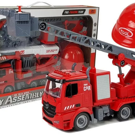 ""PASIDARYK PATS" ugniagesių mašina 2 viename rinkinys, nuimami keltuvai, atsuktuvas, garso ir šviesos efektai, šalmas"