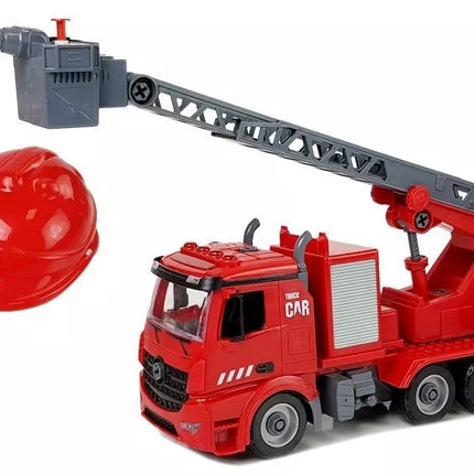 ""PASIDARYK PATS" ugniagesių mašina 2 viename rinkinys, nuimami keltuvai, atsuktuvas, garso ir šviesos efektai, šalmas"