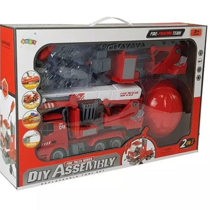 ""PASIDARYK PATS" ugniagesių mašina 2 viename rinkinys, nuimami keltuvai, atsuktuvas, garso ir šviesos efektai, šalmas"