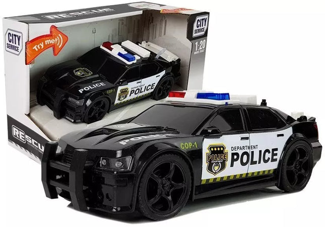 Policijos automobilis 1:20, frikcinė pavara, garsas, šviesos efektai, juodas