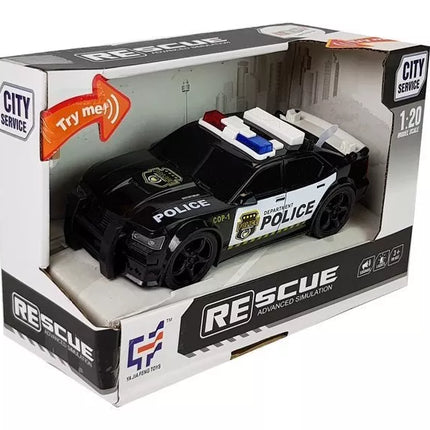Policijos automobilis 1:20, frikcinė pavara, garsas, šviesos efektai, juodas