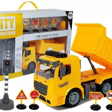 Sunkvežimio savivarčio rinkinys 1:14, kelio ženklai, šviesos, greičio matuoklis, geltonas