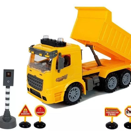 Sunkvežimio savivarčio rinkinys 1:14, kelio ženklai, šviesos, greičio matuoklis, geltonas