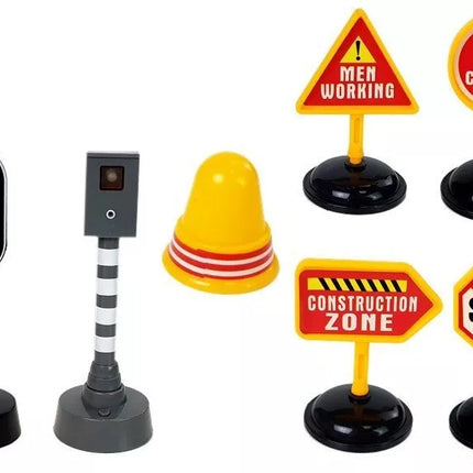 Sunkvežimio savivarčio rinkinys 1:14, kelio ženklai, šviesos, greičio matuoklis, geltonas