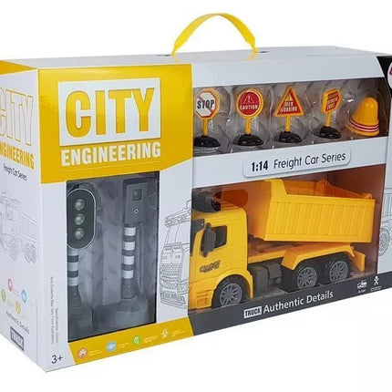 Sunkvežimio savivarčio rinkinys 1:14, kelio ženklai, šviesos, greičio matuoklis, geltonas