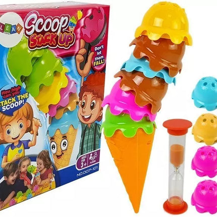 Įgūdžių žaidimas Ledai vafliniame puodelyje. Spalvinga piramidė, dėliokite bokštą