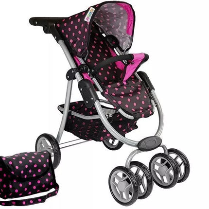 2 viename vežimėlis su juodu ir rožiniu krepšiu