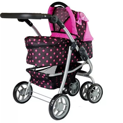 2 viename vežimėlis su juodu ir rožiniu krepšiu