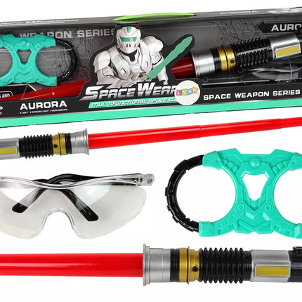 Žaisliniai kosminiai kardai su šviesos efektais, apsauginiai akiniai ir garsai