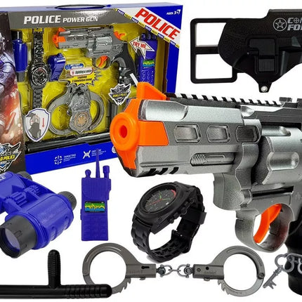 Policijos rinkinys: pistoletas, antrankiai, žiūronai, švilpukas, laikrodis, ženklelis