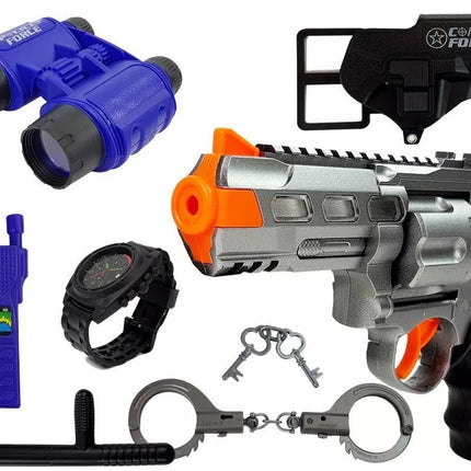 Policijos rinkinys: pistoletas, antrankiai, žiūronai, švilpukas, laikrodis, ženklelis