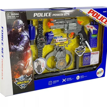 Policijos rinkinys: pistoletas, antrankiai, žiūronai, švilpukas, laikrodis, ženklelis