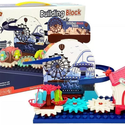 Blokų rinkinys su trasa mašinėlėms, ratukai su baterijomis