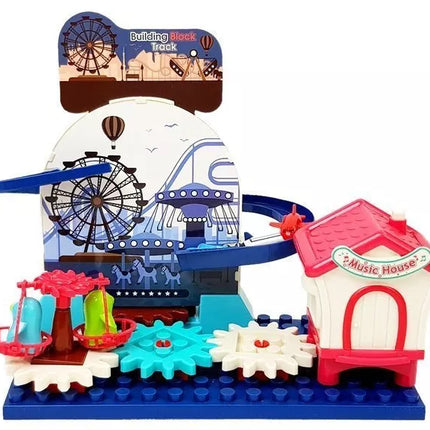 Blokų rinkinys su trasa mašinėlėms, ratukai su baterijomis