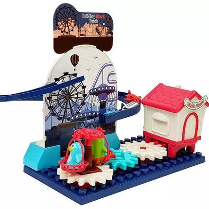 Blokų rinkinys su trasa mašinėlėms, ratukai su baterijomis