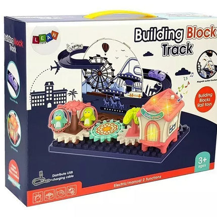 Blokų rinkinys su trasa mašinėlėms, ratukai su baterijomis