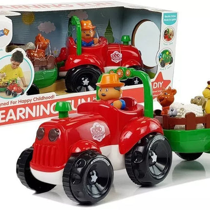 Traktorius su priekaba, gyvūnai kūdikiams, su baterijomis, šviesos, garsas