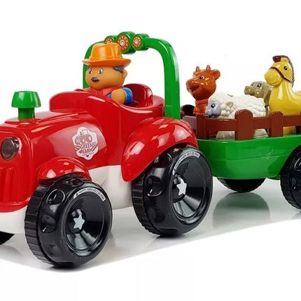 Traktorius su priekaba, gyvūnai kūdikiams, su baterijomis, šviesos, garsas