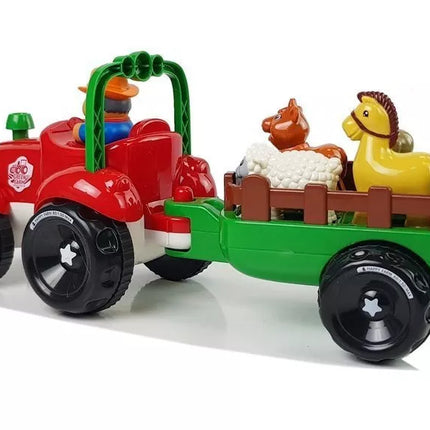 Traktorius su priekaba, gyvūnai kūdikiams, su baterijomis, šviesos, garsas
