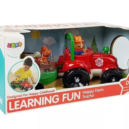Traktorius su priekaba, gyvūnai kūdikiams, su baterijomis, šviesos, garsas