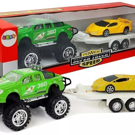 Transporto priemonių rinkinys: geltoni sportiniai automobiliai, žali visureigiai su trintimi