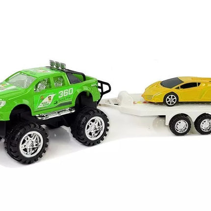 Transporto priemonių rinkinys: geltoni sportiniai automobiliai, žali visureigiai su trintimi