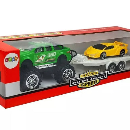 Transporto priemonių rinkinys: geltoni sportiniai automobiliai, žali visureigiai su trintimi